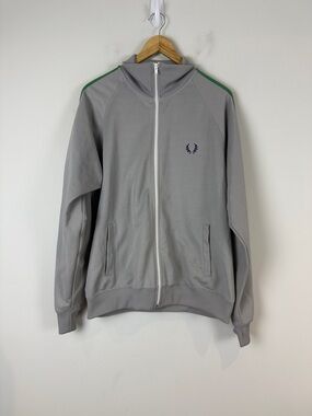 Fred Perry Vintage Light Grey Zip Track Jacket with Green Shoulder Stripes